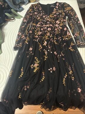 Mac Duggal Black Dress with Pink & Gold Floral Embroidery